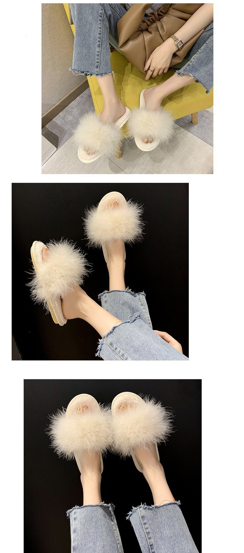 Fashion Black Ostrich Fur Round Flat Slippers,Slippers