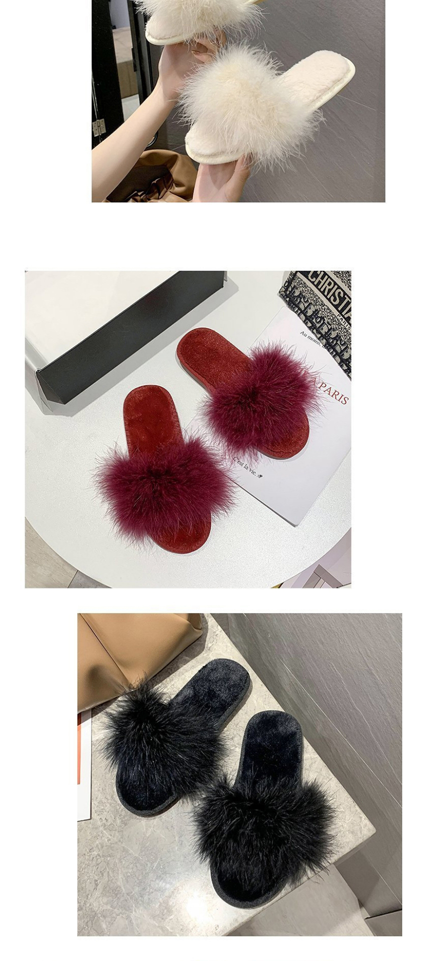 Fashion Lotus Root Starch Ostrich Fur Round Flat Slippers,Slippers