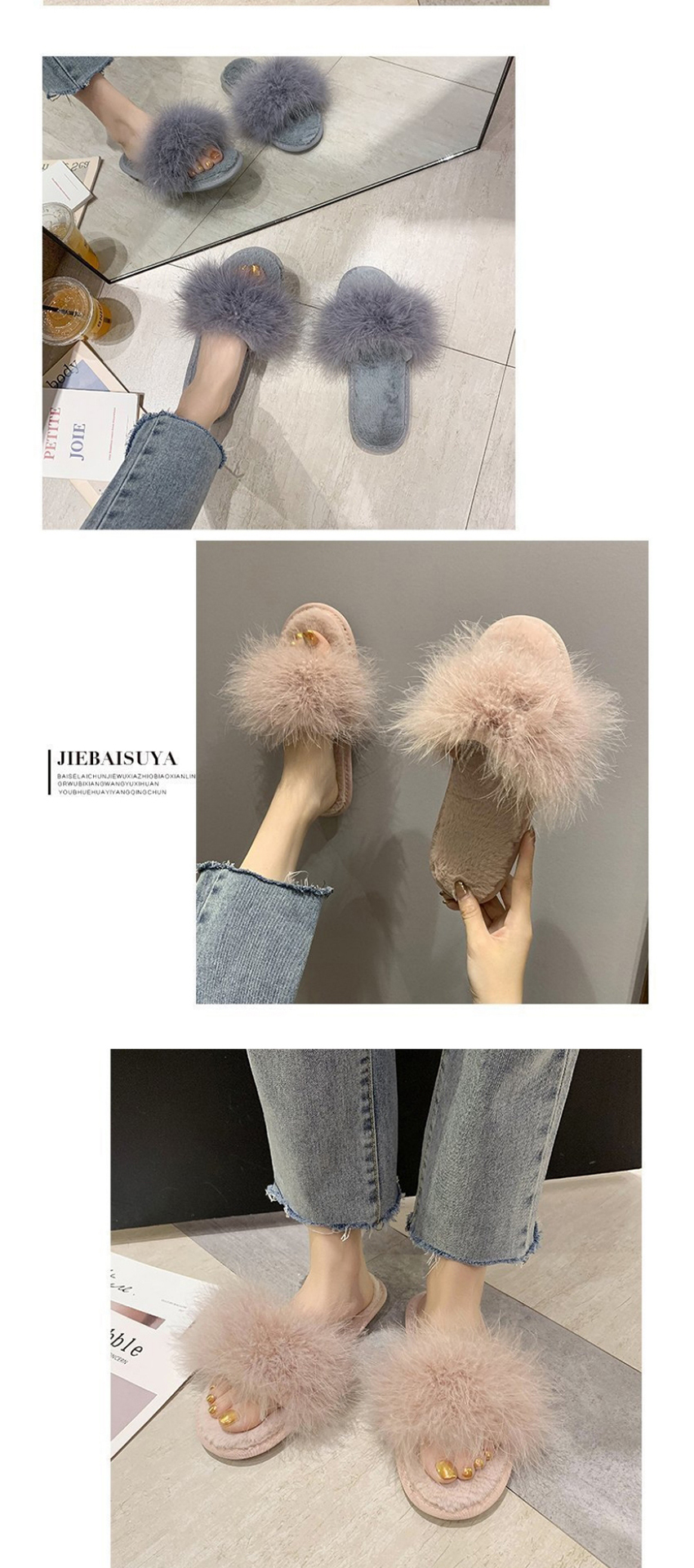 Fashion Lotus Root Starch Ostrich Fur Round Flat Slippers,Slippers