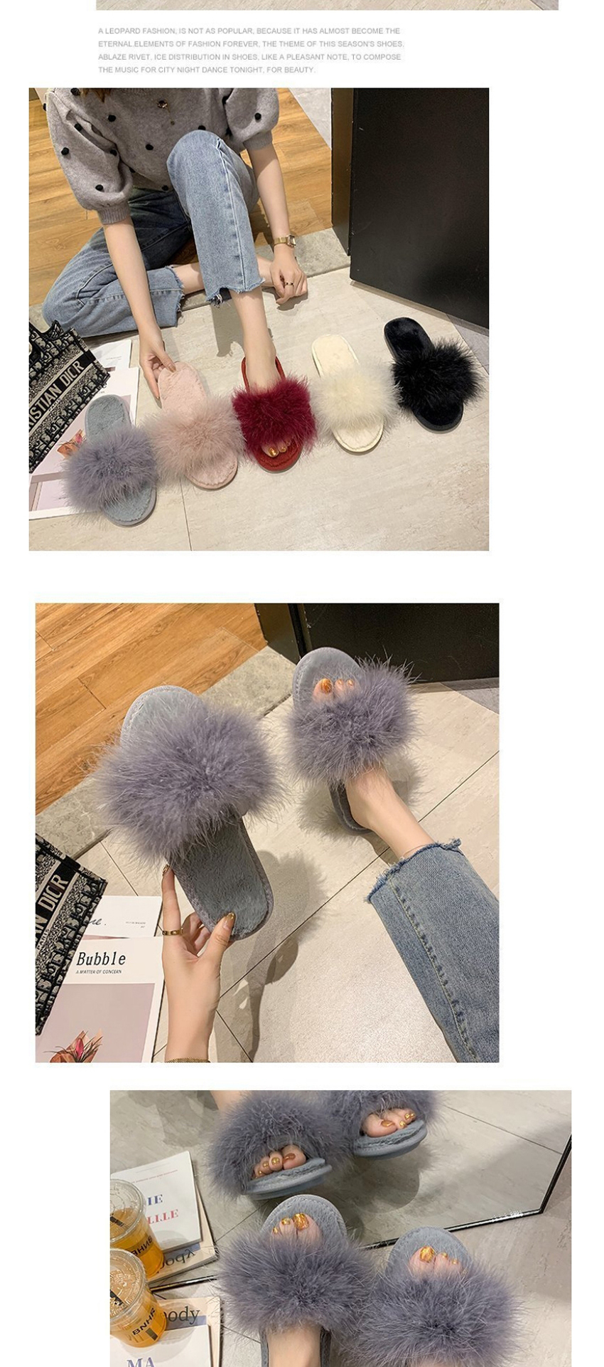 Fashion Red Wine Ostrich Fur Round Flat Slippers,Slippers