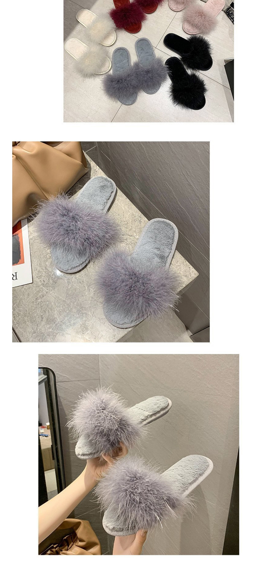 Fashion Red Wine Ostrich Fur Round Flat Slippers,Slippers