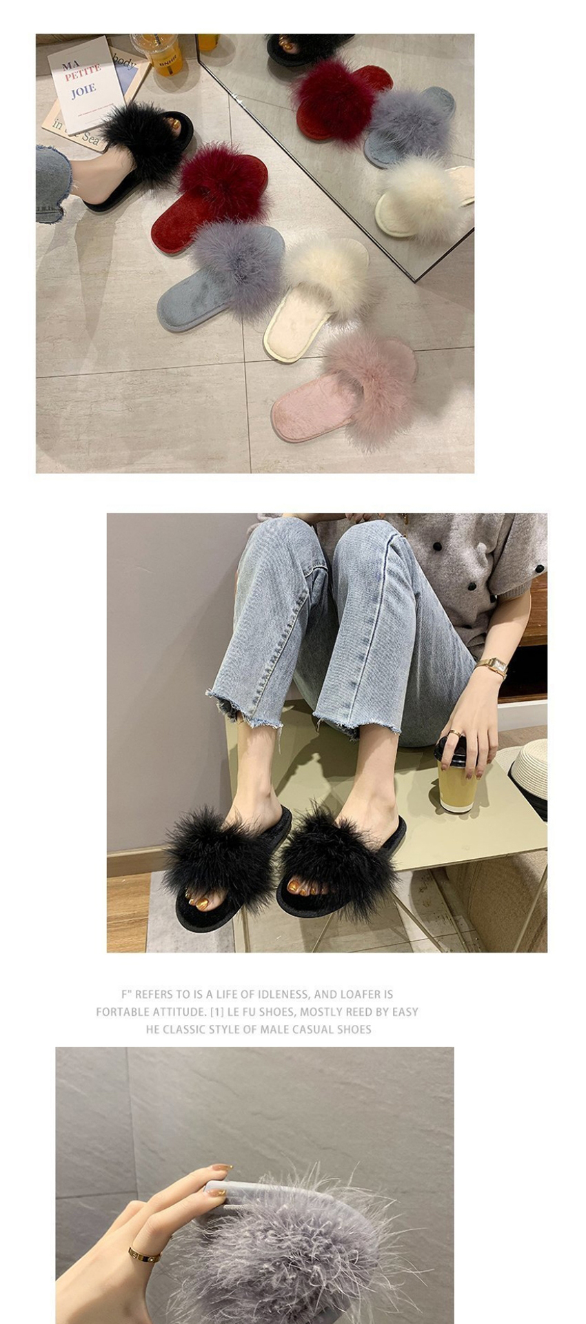 Fashion Creamy-white Ostrich Fur Round Flat Slippers,Slippers