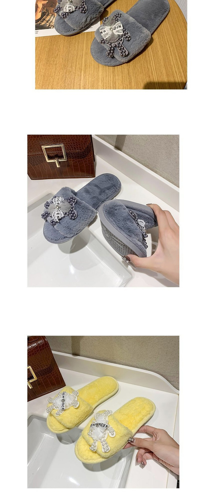 Fashion Gray Bear Pearl Flat Cotton Slippers,Slippers