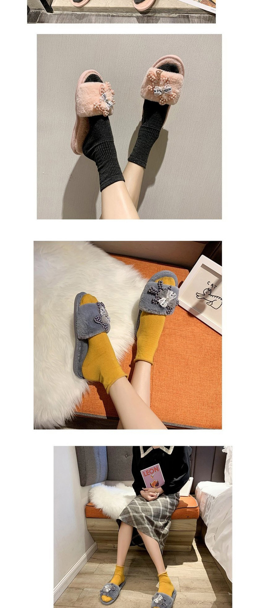 Fashion White Bear Pearl Flat Cotton Slippers,Slippers