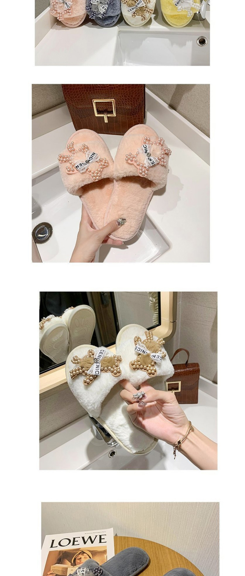 Fashion Pink Bear Pearl Flat Cotton Slippers,Slippers