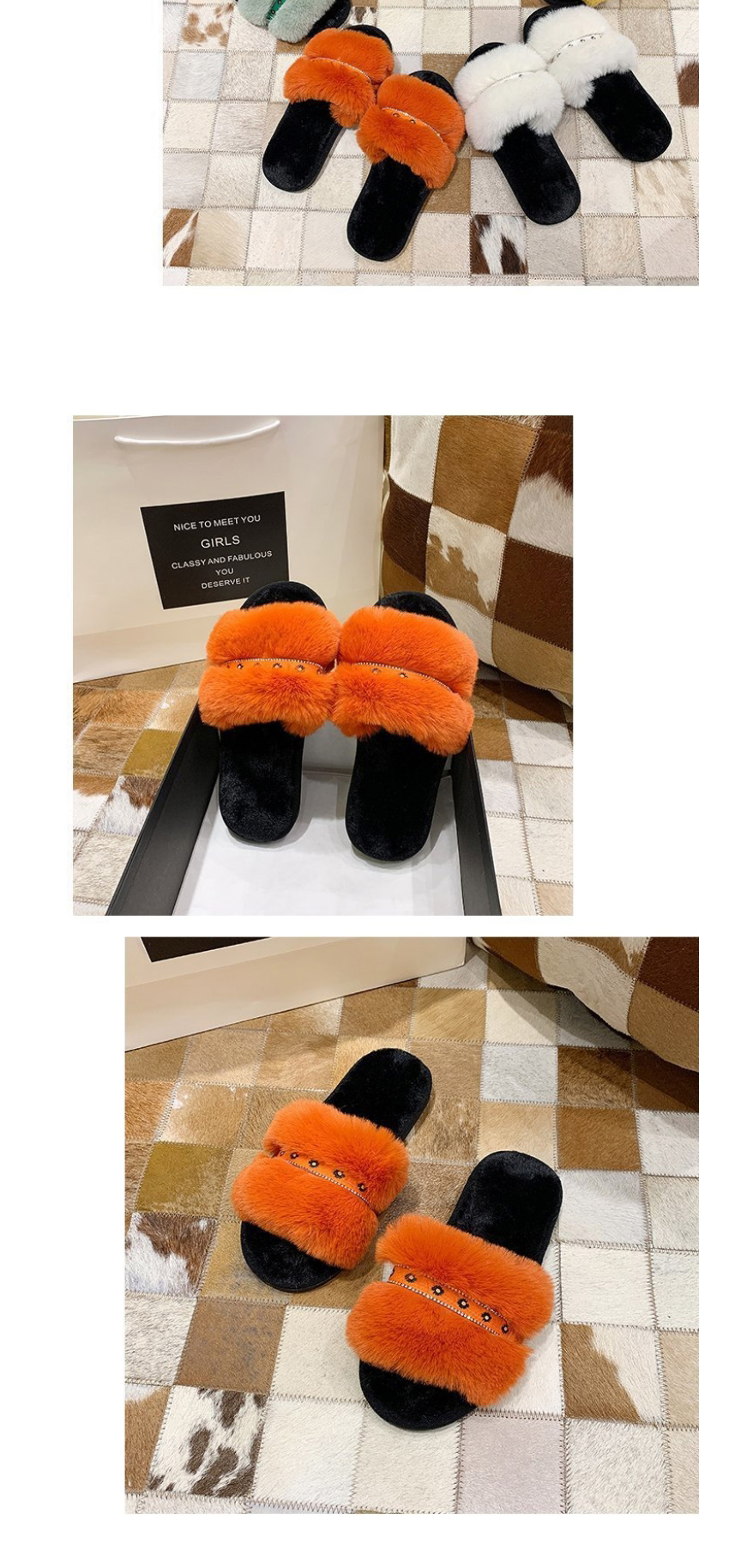Fashion Orange Rivet Round Head Plush Slippers,Slippers