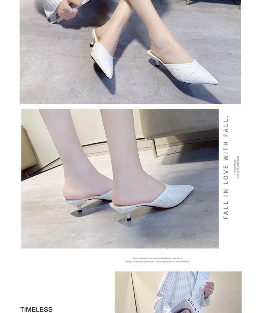 Fashion White Woven Pointed Toe Stiletto Half Slippers,Slippers
