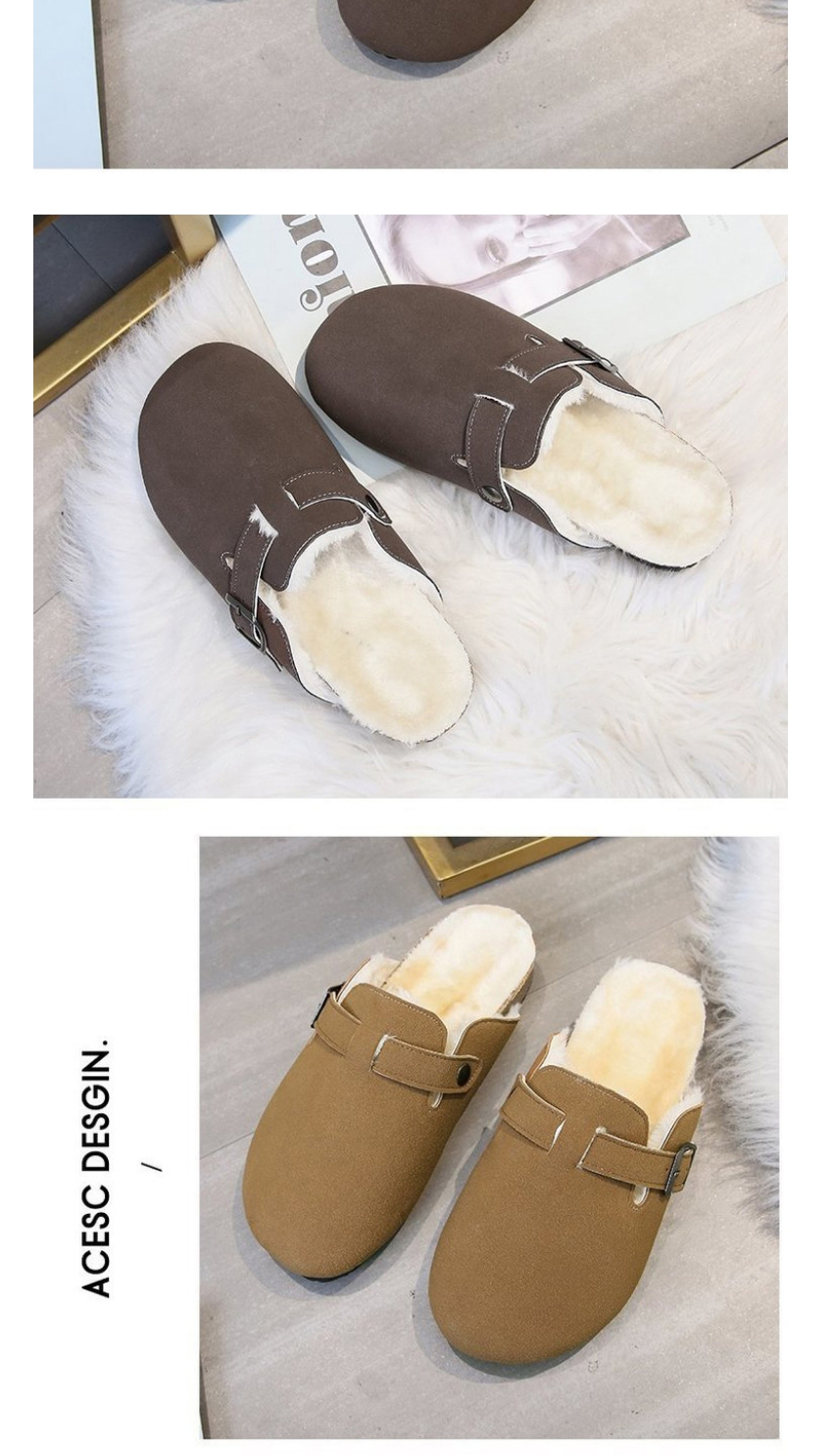 Fashion Brown Plus Velvet Warm Belt Buckle Baotou Cotton Slippers,Slippers