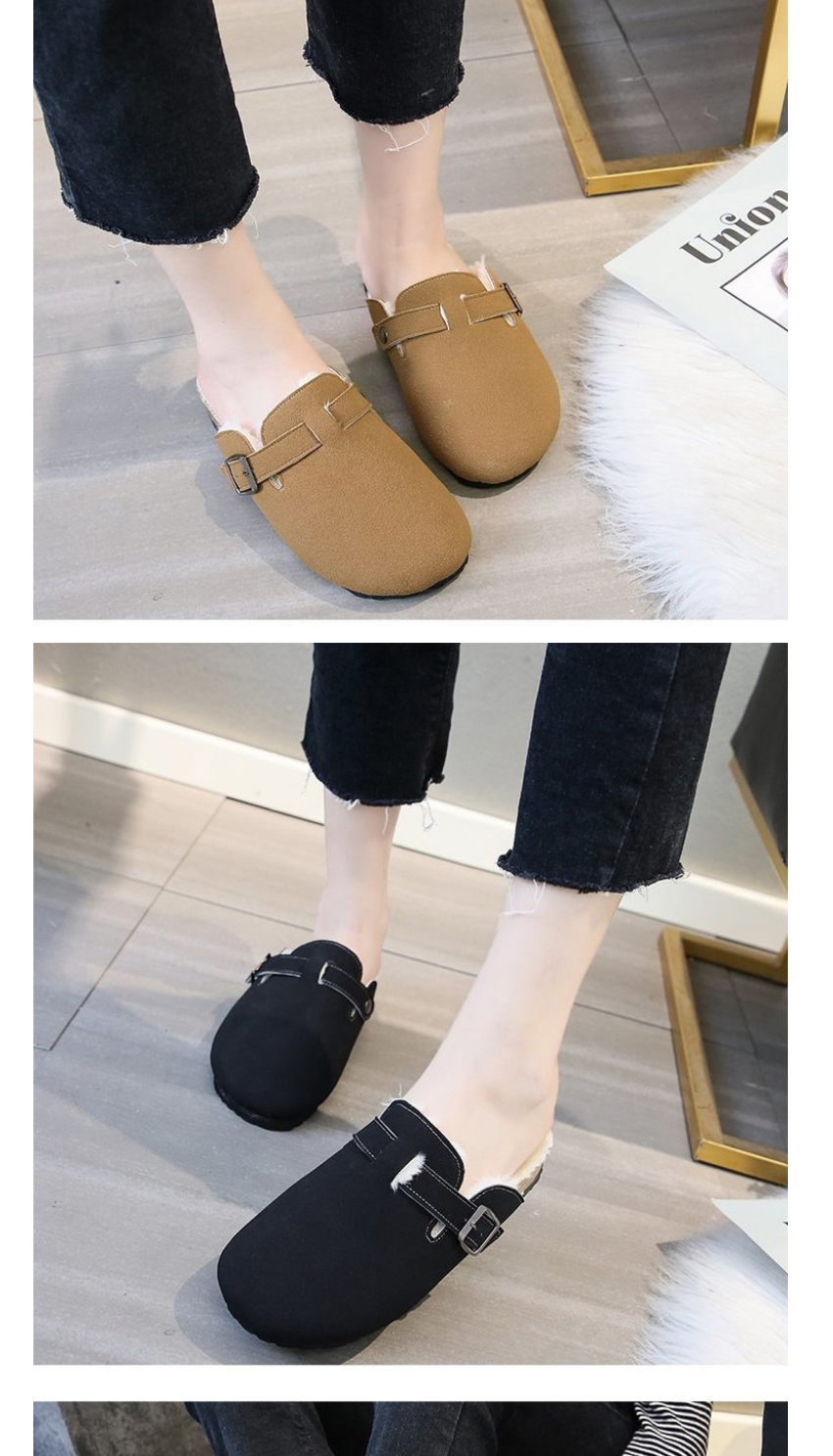 Fashion Black Plus Velvet Warm Belt Buckle Baotou Cotton Slippers,Slippers