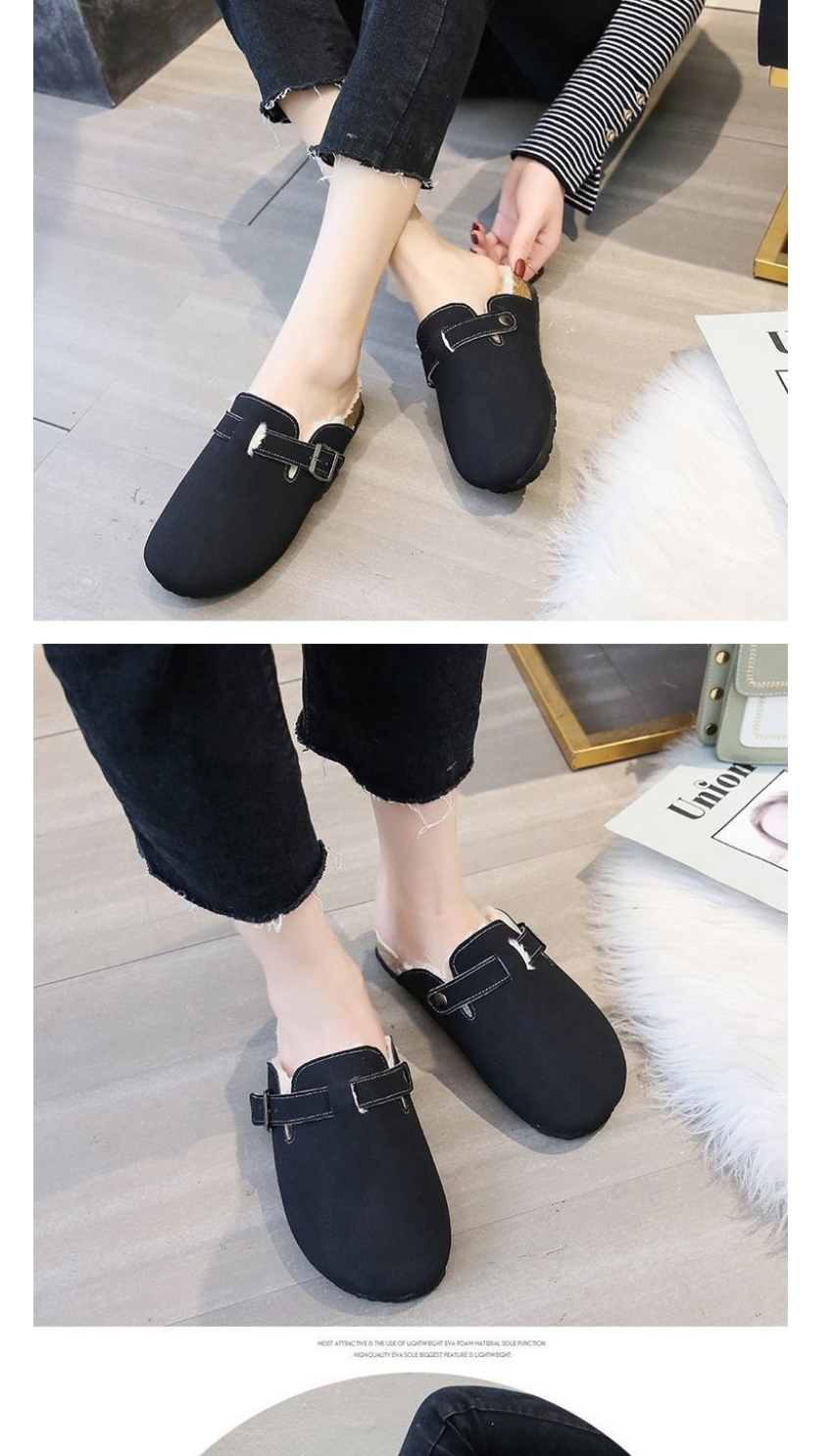 Fashion Black Plus Velvet Warm Belt Buckle Baotou Cotton Slippers,Slippers