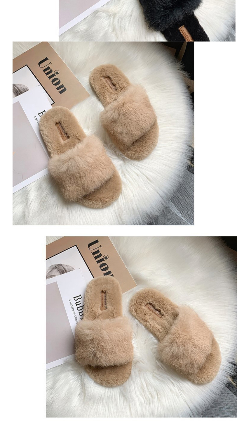 Fashion Khaki Rabbit Fur Round Head Flat Slippers,Slippers