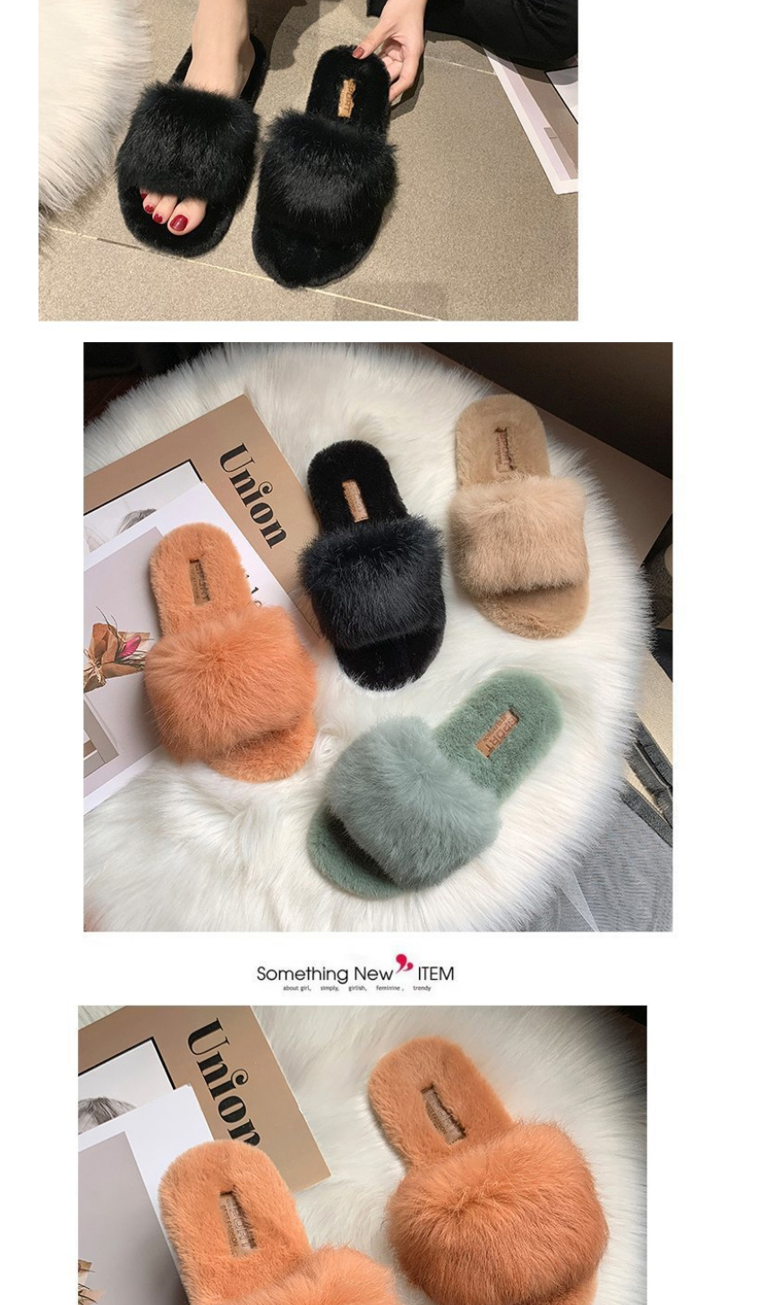 Fashion Green Rabbit Fur Round Head Flat Slippers,Slippers