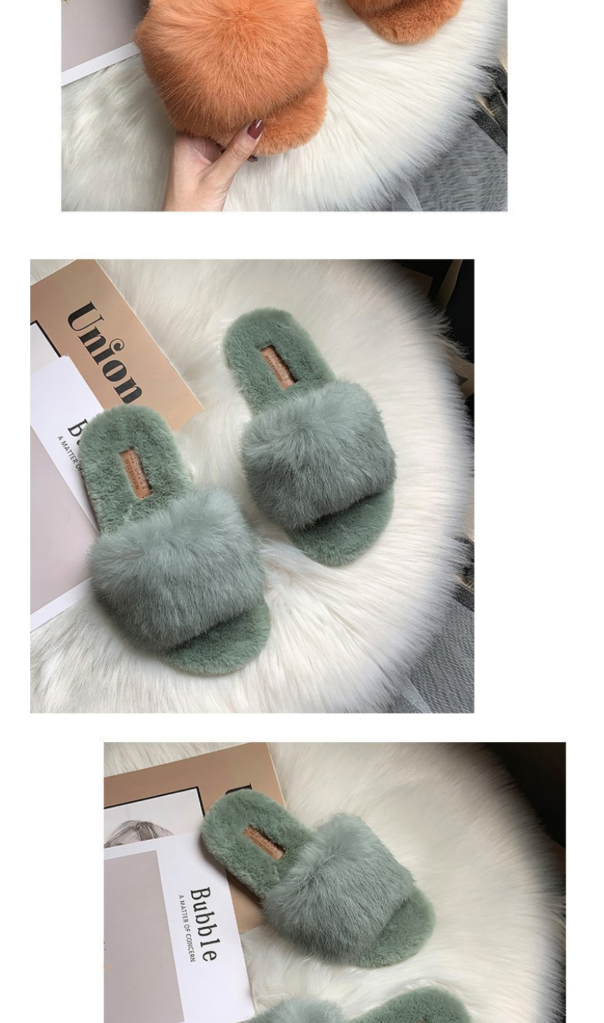 Fashion Orange Rabbit Fur Round Head Flat Slippers,Slippers