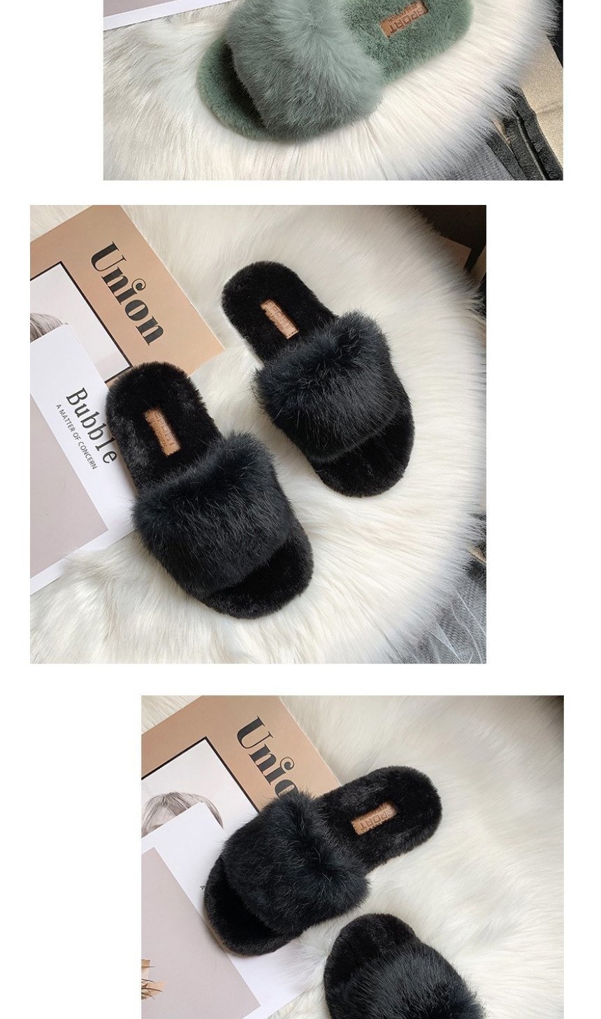 Fashion Khaki Rabbit Fur Round Head Flat Slippers,Slippers