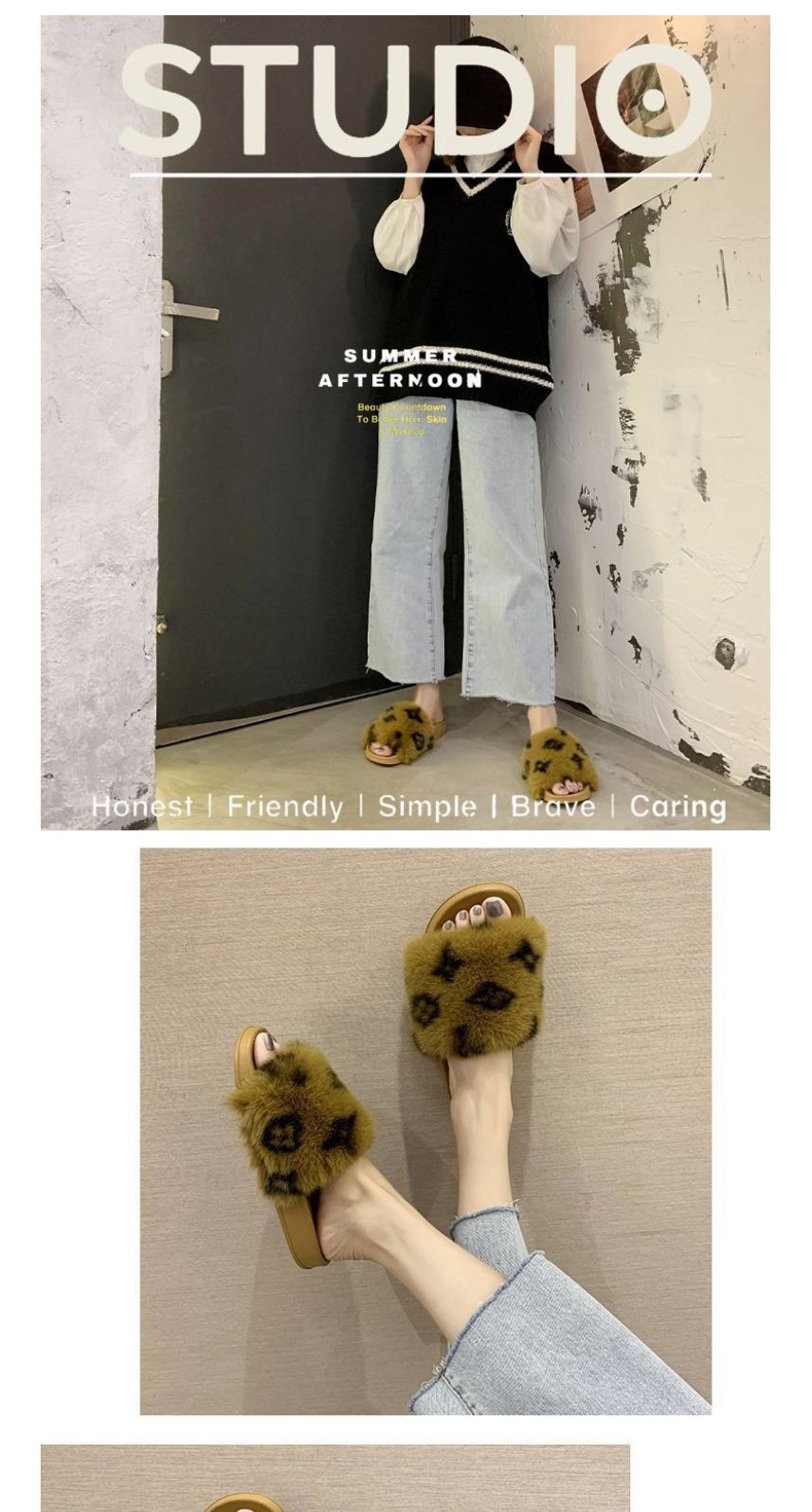 Fashion Beige Leopard Print Round Head Flat-bottomed Fur Slippers,Slippers