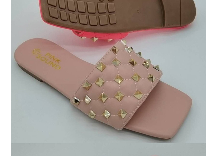 Fashion Apricot Rivet Flat Sandals And Slippers With Diamond Pattern,Slippers