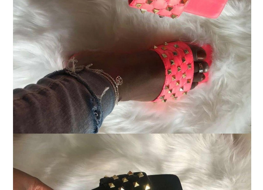 Fashion Red Rivet Flat Sandals And Slippers With Diamond Pattern,Slippers