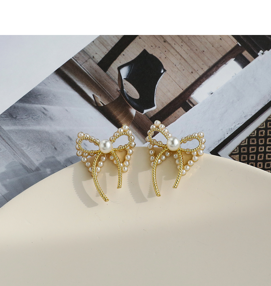 Fashion Gold Color Alloy Pearl Bow Earrings,Stud Earrings