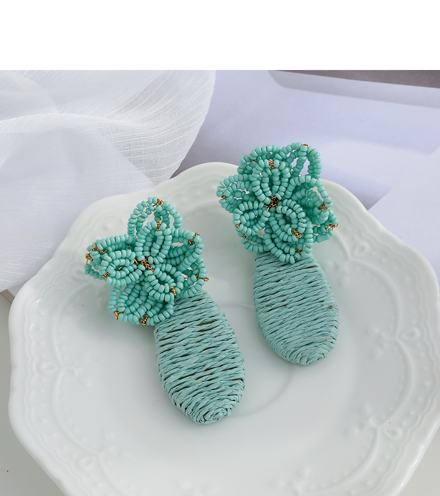 Fashion Lake Blue Alloy Rice Beads Flower Woven Geometric Shape Earrings,Drop Earrings