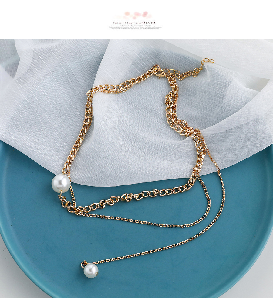Fashion Gold Color Alloy Chain Pearl Double Necklace,Chains