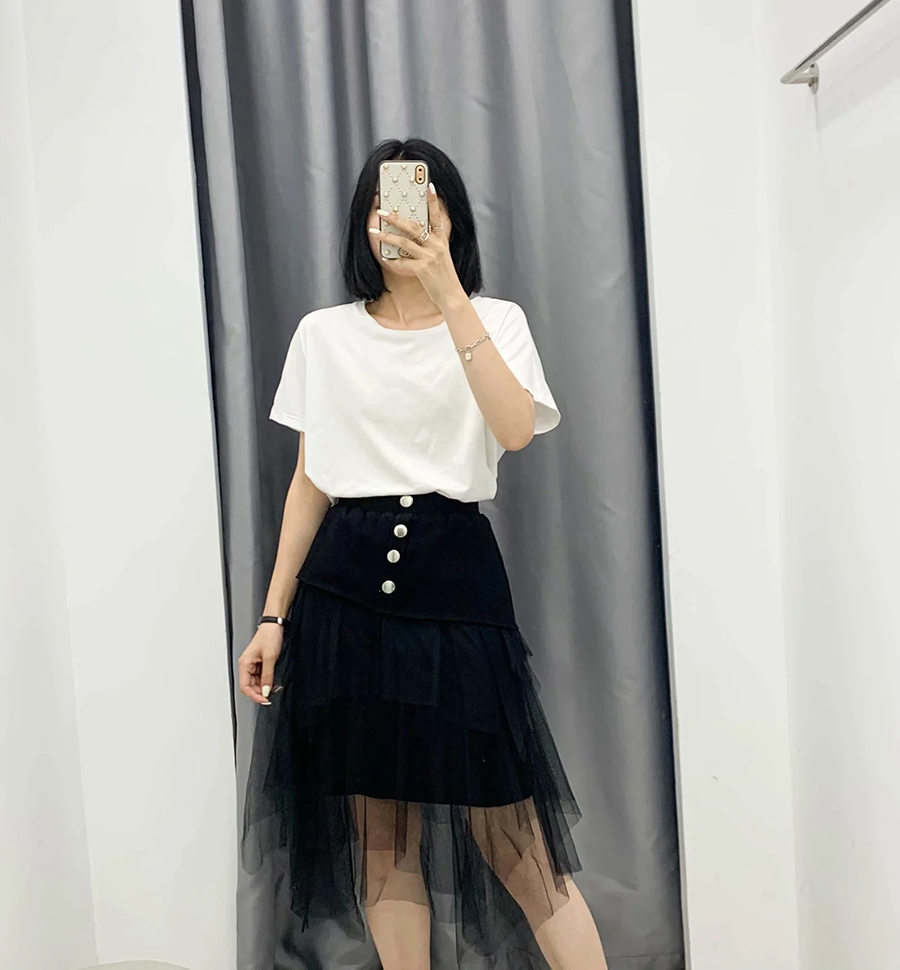 Fashion Black Mesh Single-breasted Knit Puff Skirt,Skirts