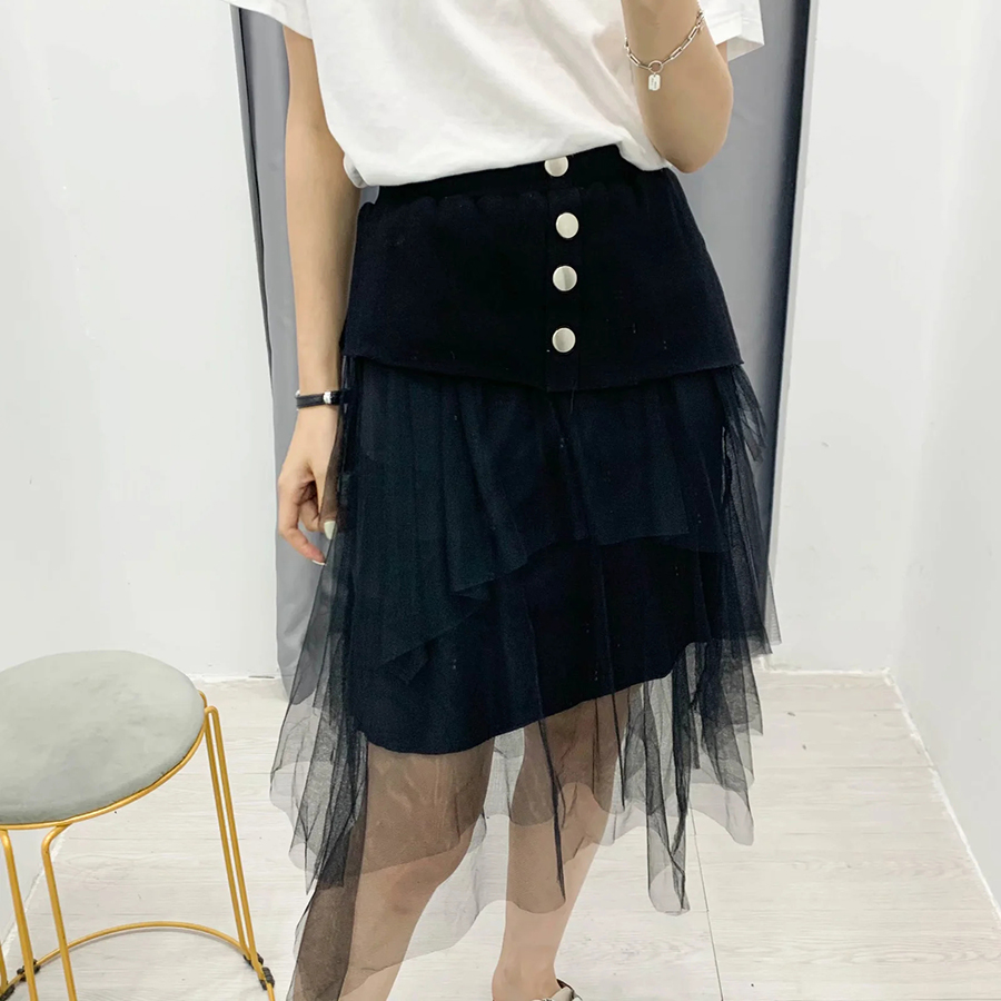 Fashion Black Mesh Single-breasted Knit Puff Skirt,Skirts