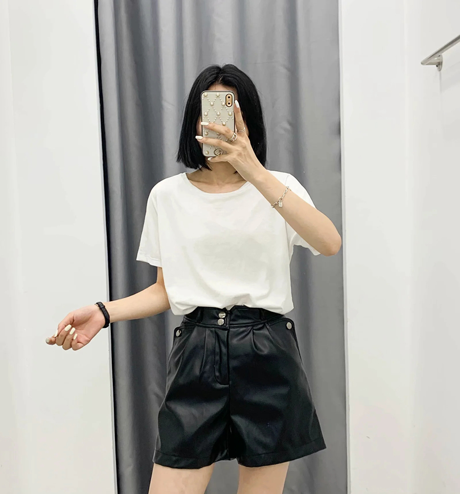 Fashion Black Two Button Solid Color Leather Shorts,Shorts