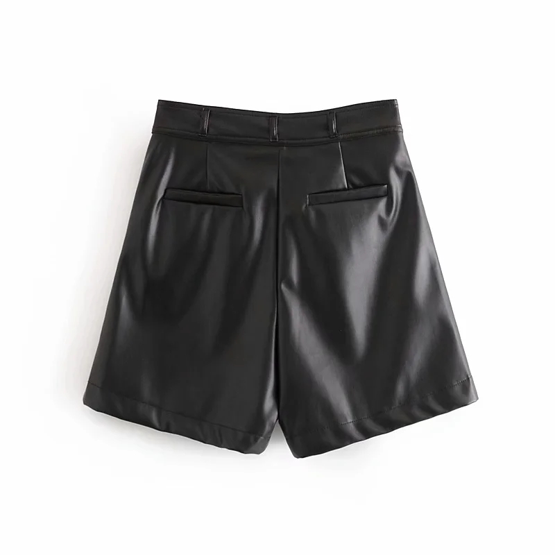 Fashion Black Two Button Solid Color Leather Shorts,Shorts