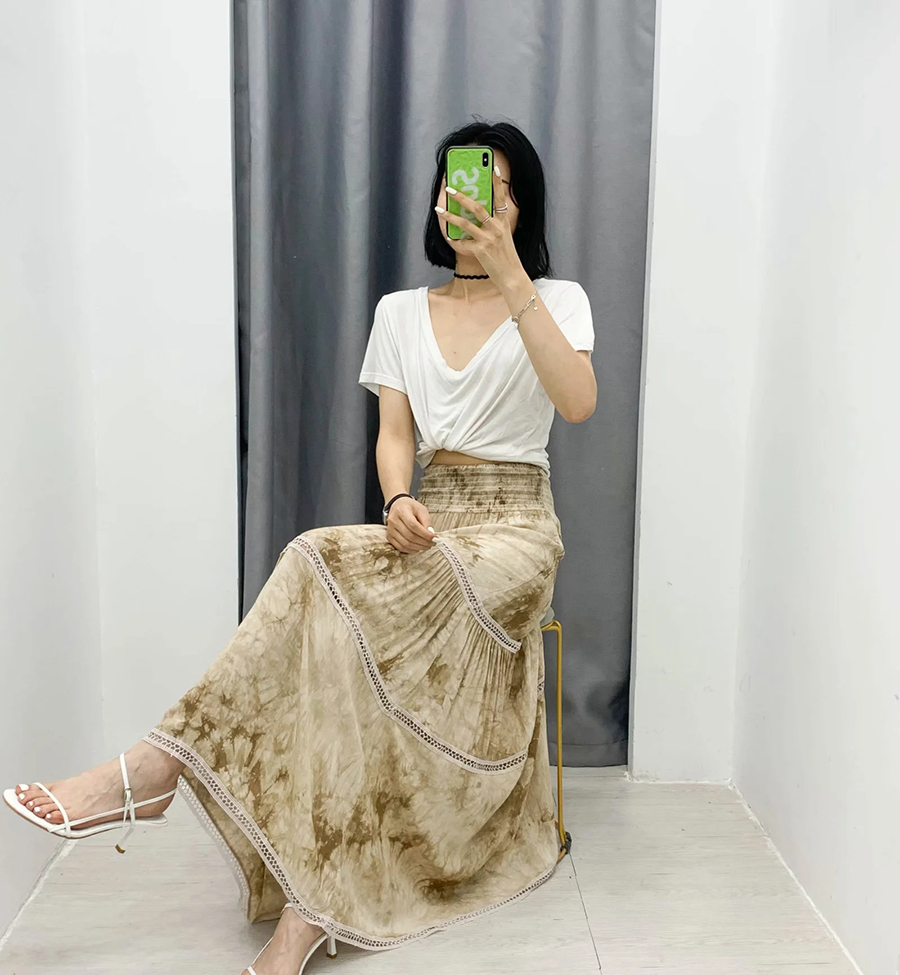 Fashion Khaki Tie-dye Elastic Waist Stitching Skirt,Skirts