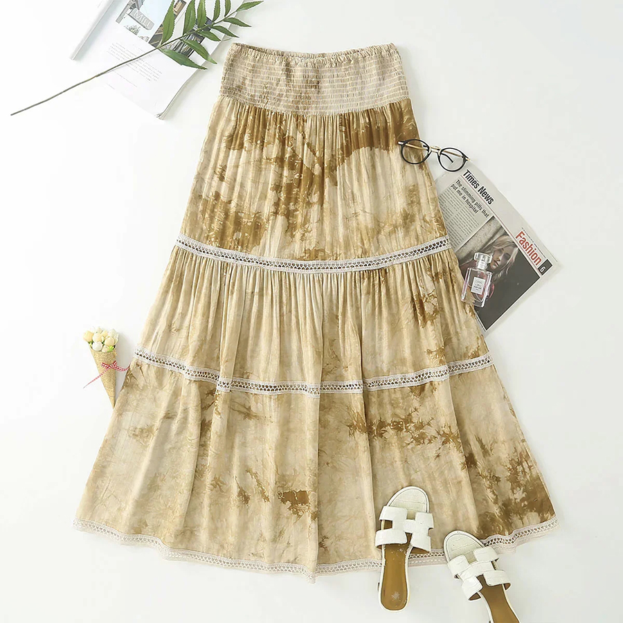 Fashion Khaki Tie-dye Elastic Waist Stitching Skirt,Skirts