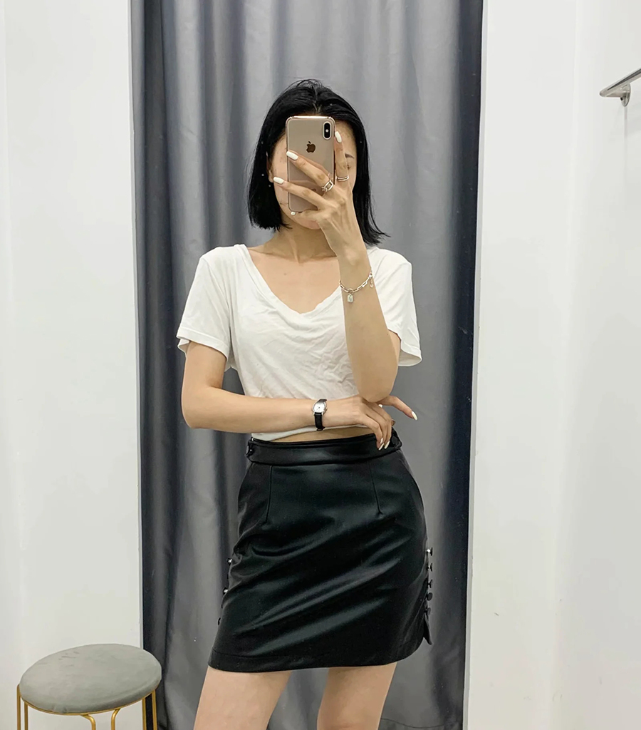 Fashion Black Studded Slim Leather Skirt,Skirts
