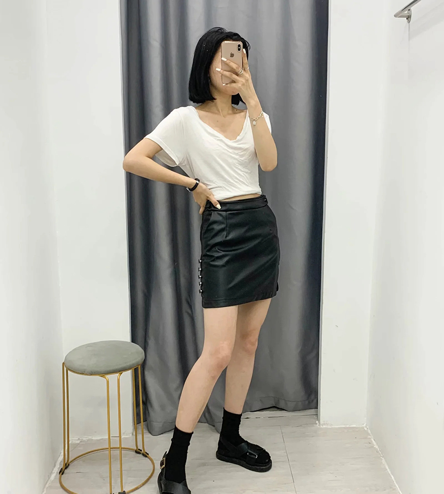 Fashion Black Studded Slim Leather Skirt,Skirts