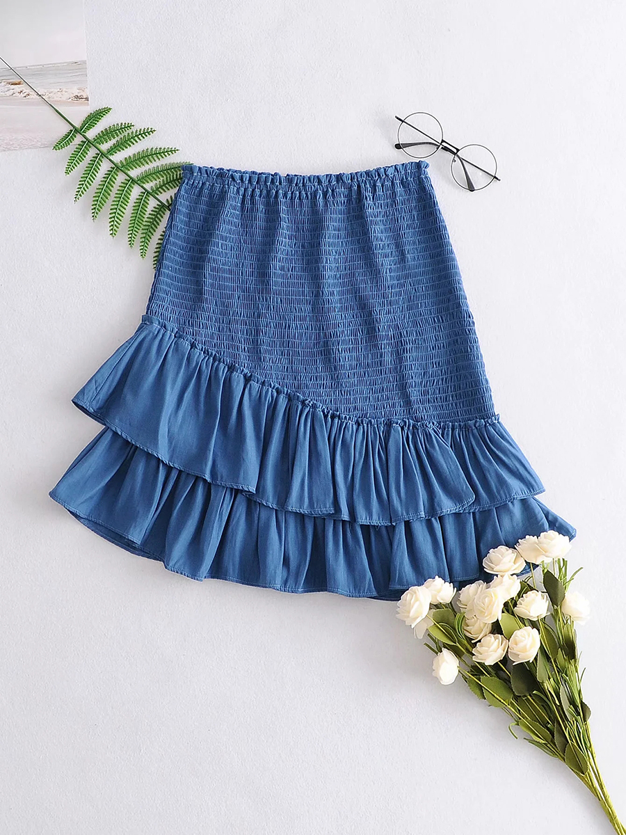 Fashion Blue Ruffled Elastic Bevel Skirt,Skirts