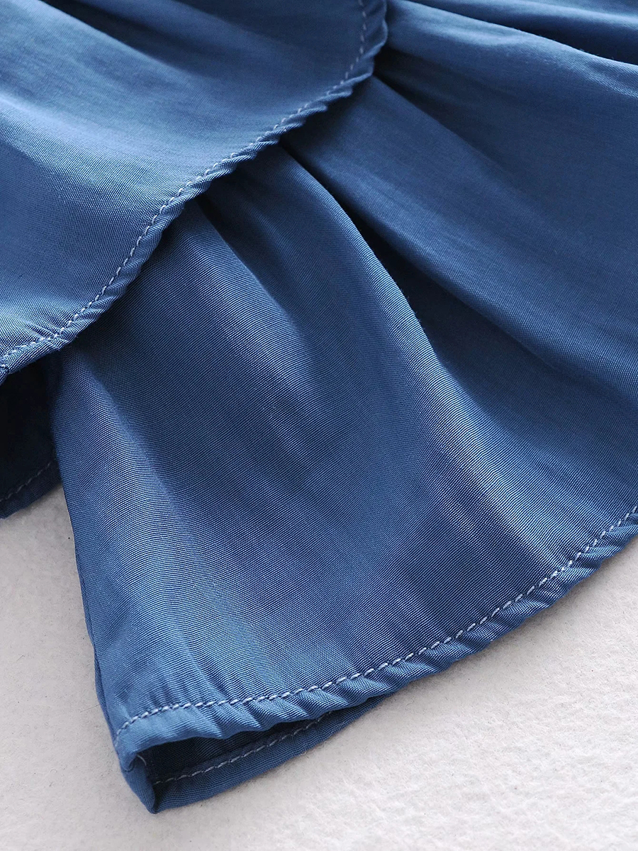 Fashion Blue Ruffled Elastic Bevel Skirt,Skirts