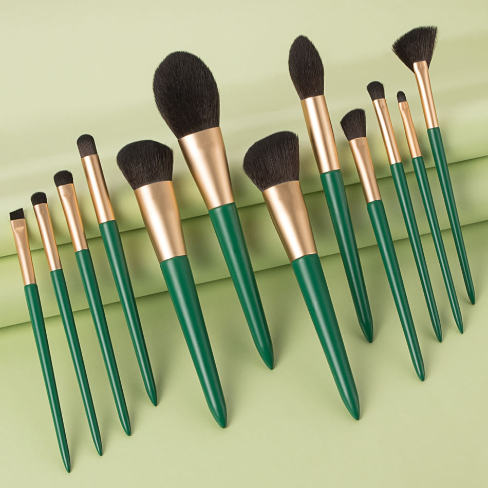 Fashion 12 Green Wooden Handle Aluminum Tube Makeup Brush Set,Beauty tools