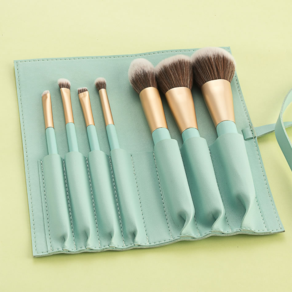 Fashion 7 Water Blue Belt Bag Wooden Handle Aluminum Tube Makeup Brush Set With Bag,Beauty tools