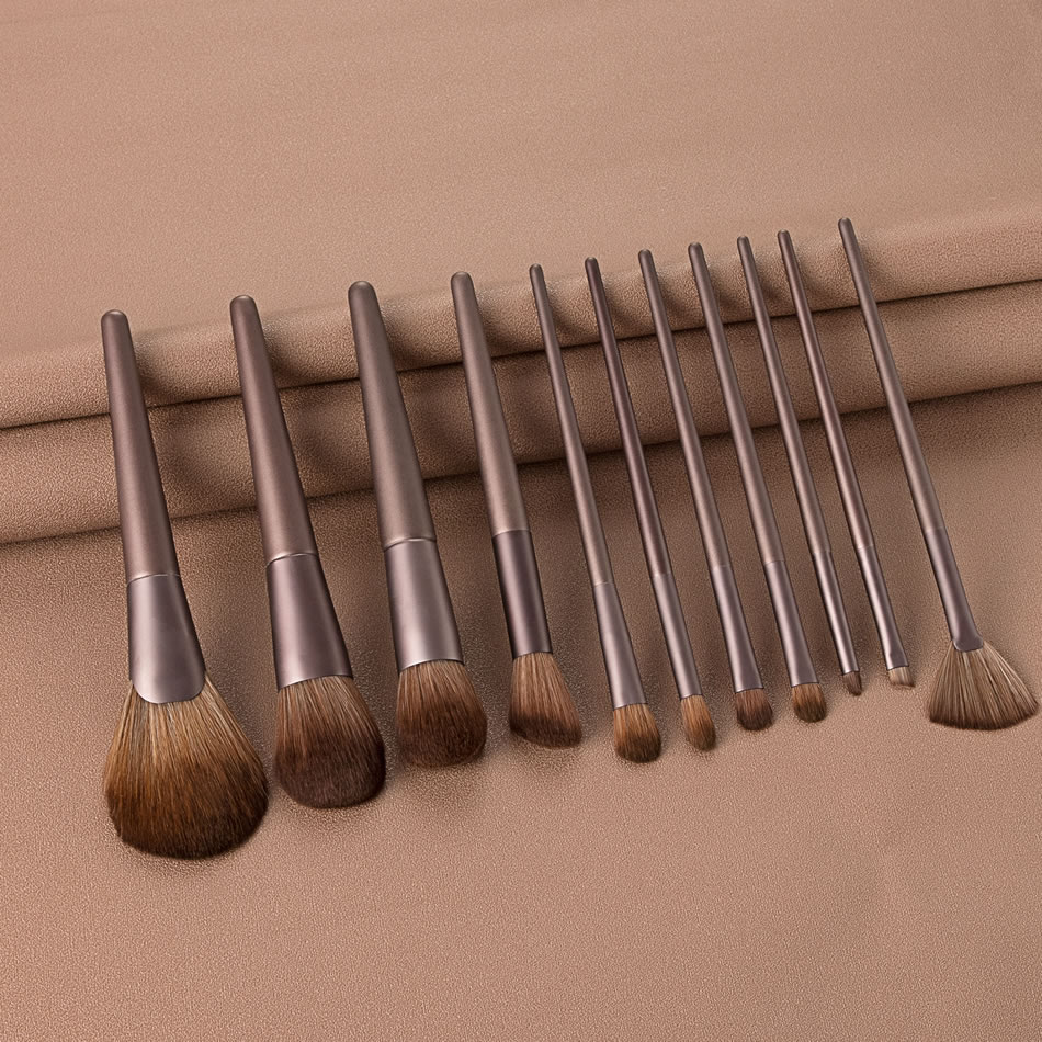 Fashion 11 Mocha Wooden Handle Aluminum Tube Makeup Brush Set,Beauty tools