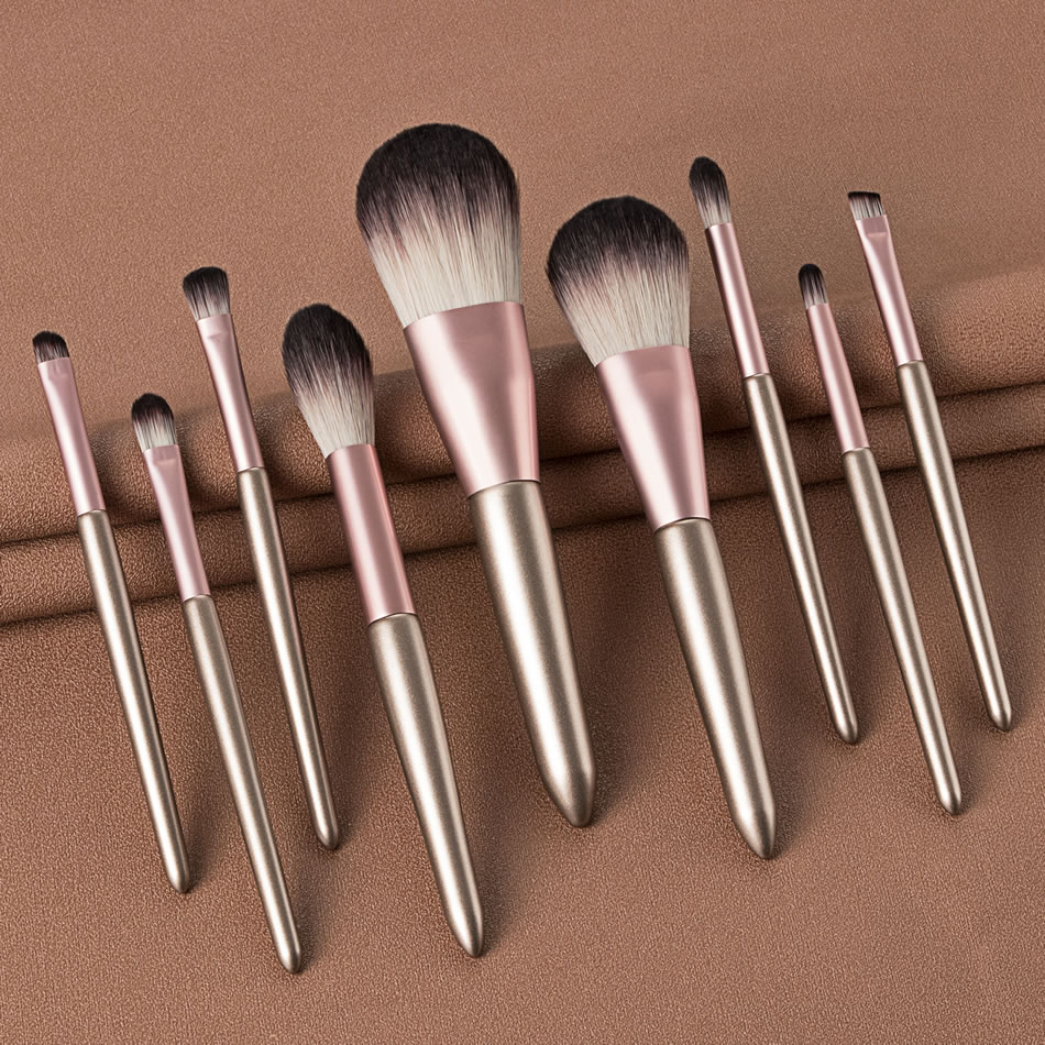 Fashion 9 Champagne Gold Wooden Handle Aluminum Tube Makeup Brush Set,Beauty tools