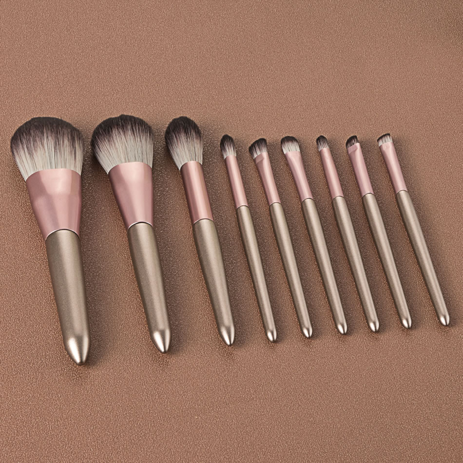 Fashion 9 Champagne Gold Wooden Handle Aluminum Tube Makeup Brush Set,Beauty tools