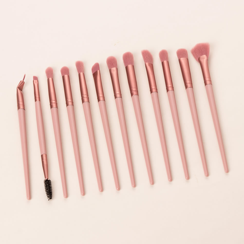 Fashion 12 Pink Eyebrow Brushes-elbow Wooden Handle Aluminum Tube Makeup Brush Set,Beauty tools