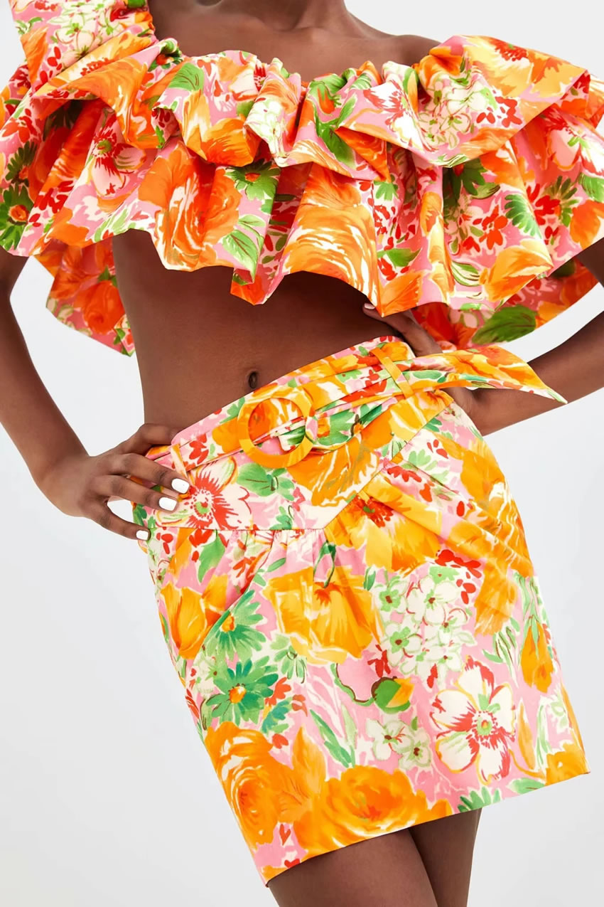 Fashion Printing Flower Print With Belt Skirt,Skirts