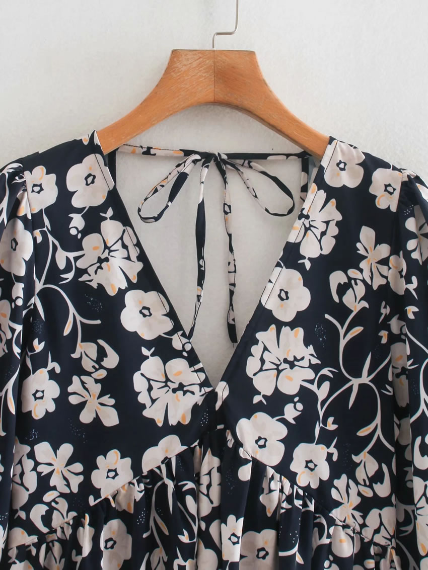 Fashion Black Floral V-neck Puff Sleeve Print Skirt,Skirts