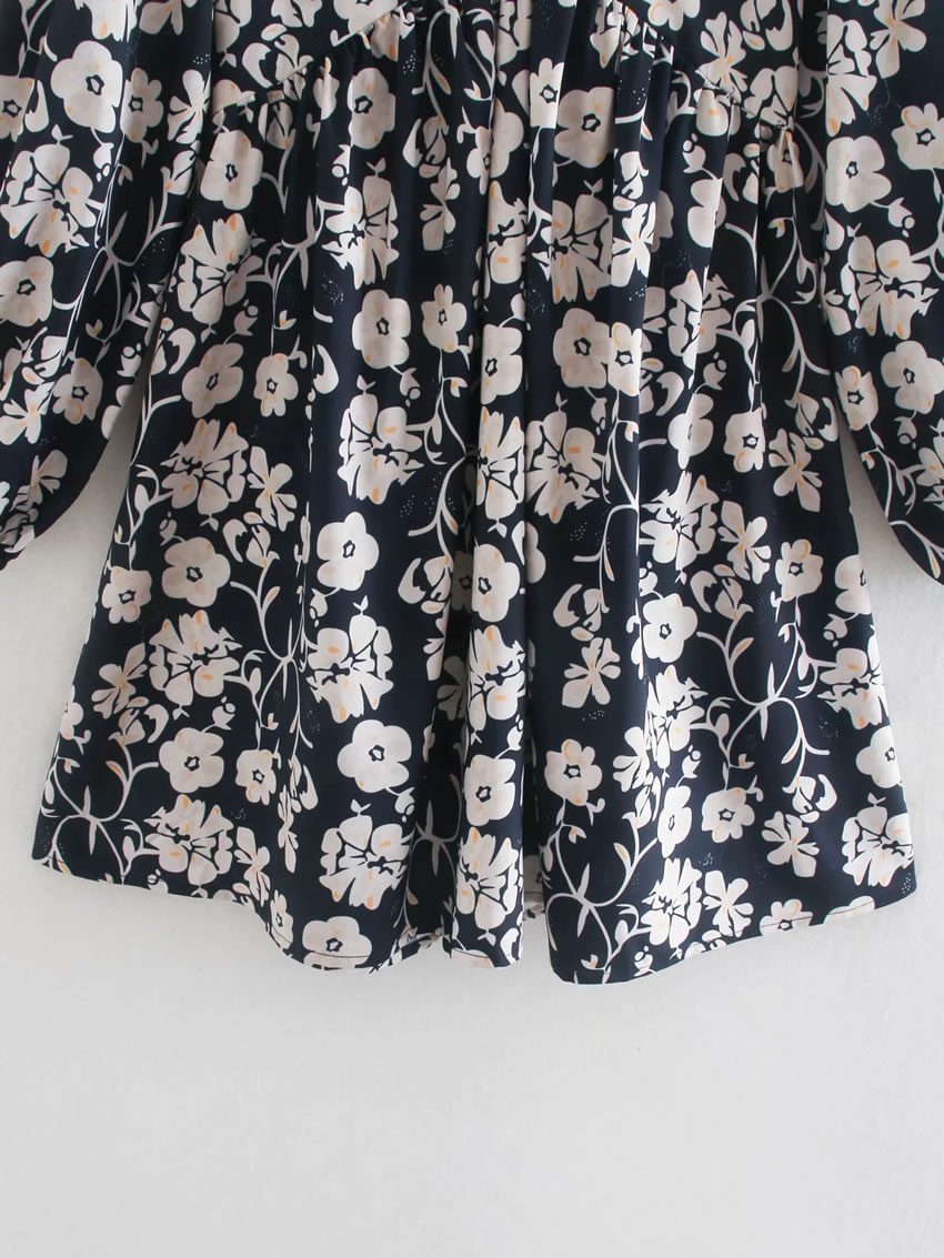 Fashion Black Floral V-neck Puff Sleeve Print Skirt,Skirts