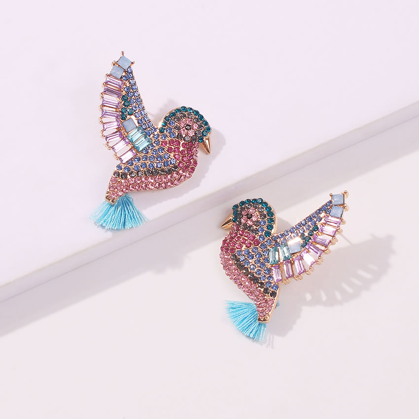 Fashion Color Diamond Tassel Alloy Bird Earrings,Stud Earrings