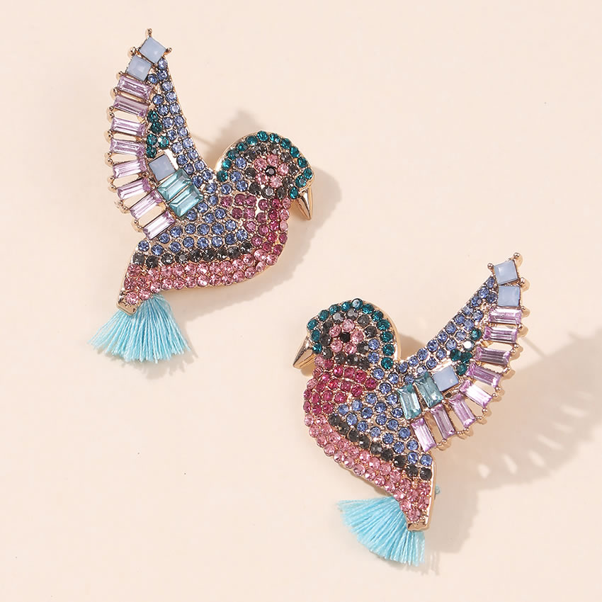 Fashion Color Diamond Tassel Alloy Bird Earrings,Stud Earrings