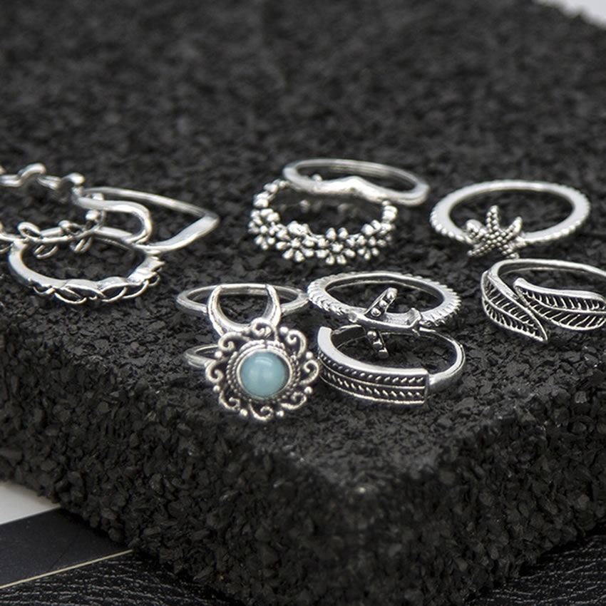 Fashion White K Jeweled Leaf Starfish Geometric Alloy Ring Set,Rings Set