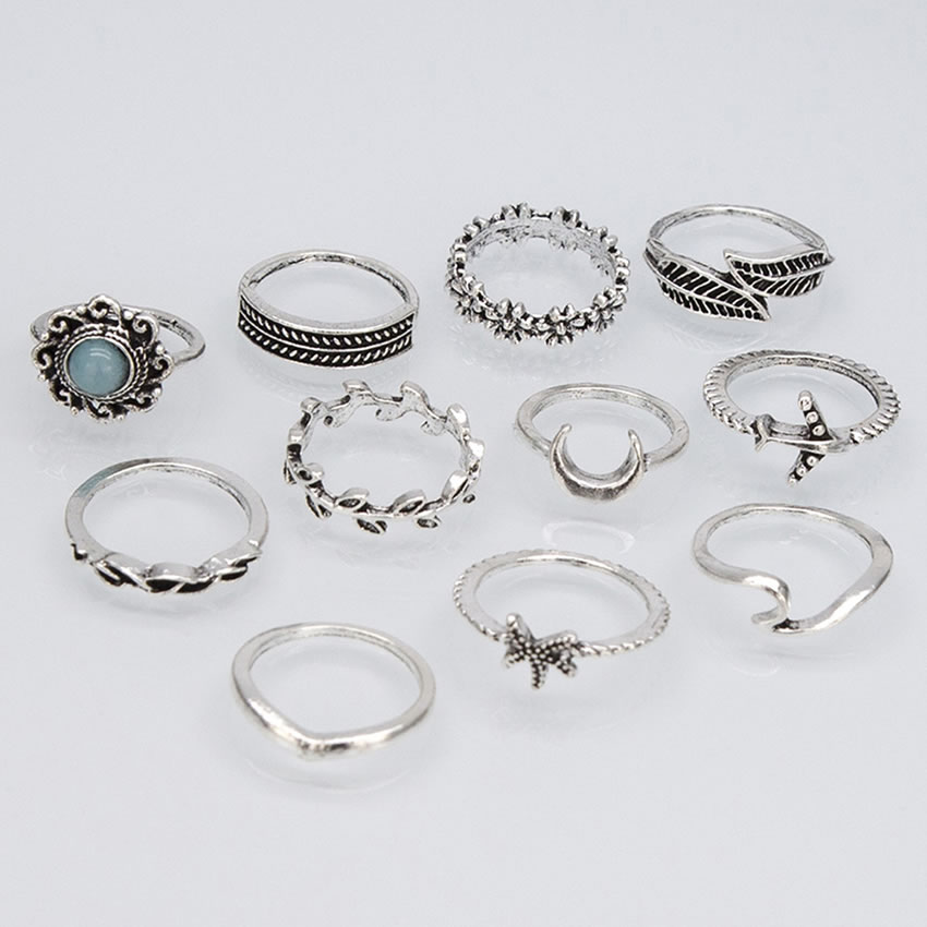 Fashion White K Jeweled Leaf Starfish Geometric Alloy Ring Set,Rings Set