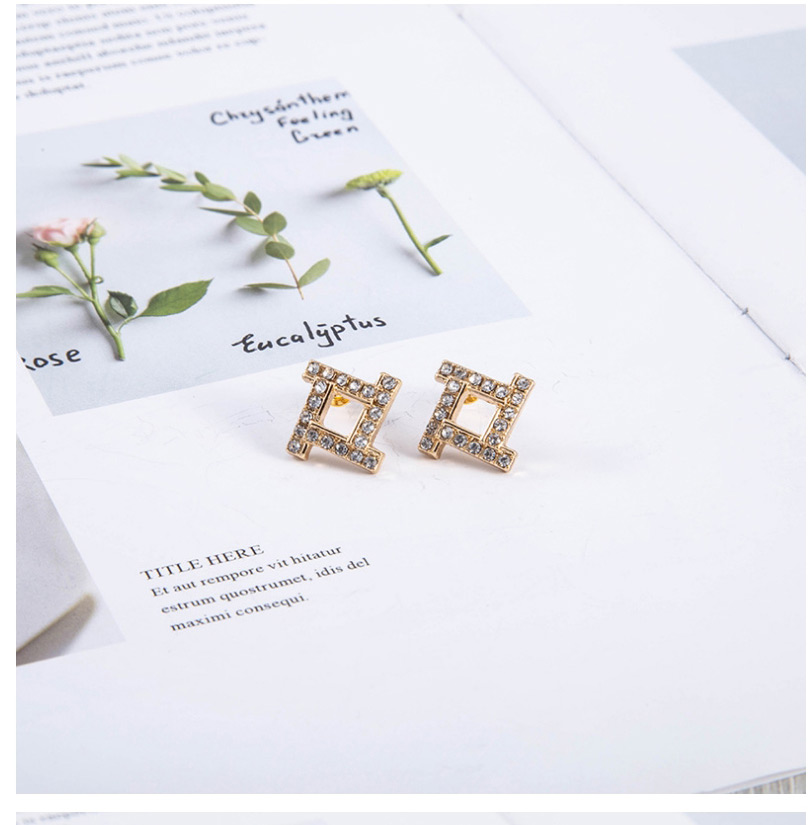 Fashion Golden Geometric Square Cutout Earrings With Diamonds,Stud Earrings
