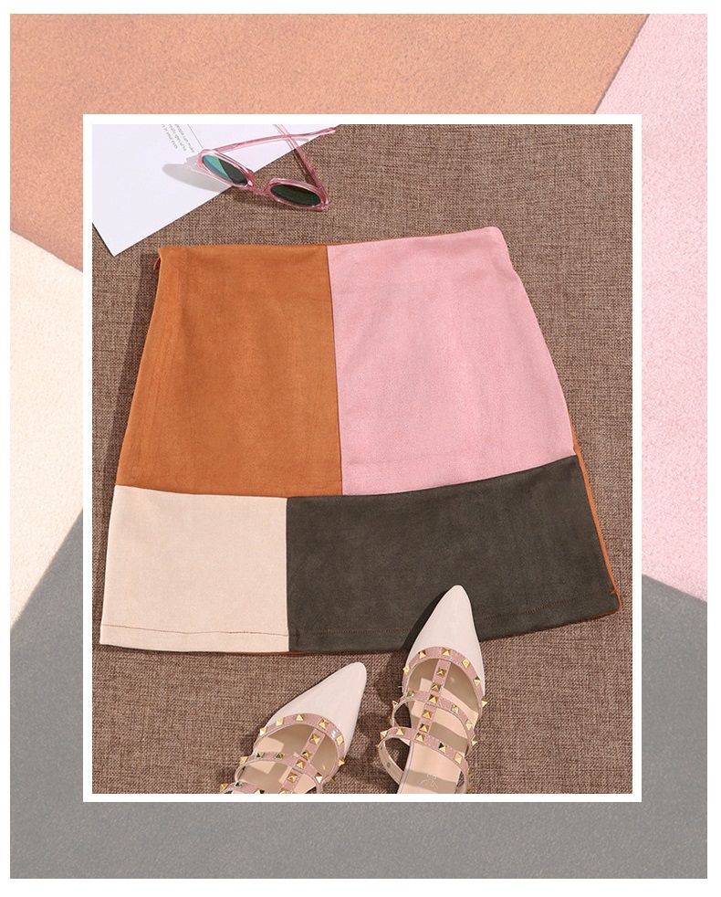 Fashion Brown Misplaced Patchwork Patch Hip Skirt,Skirts
