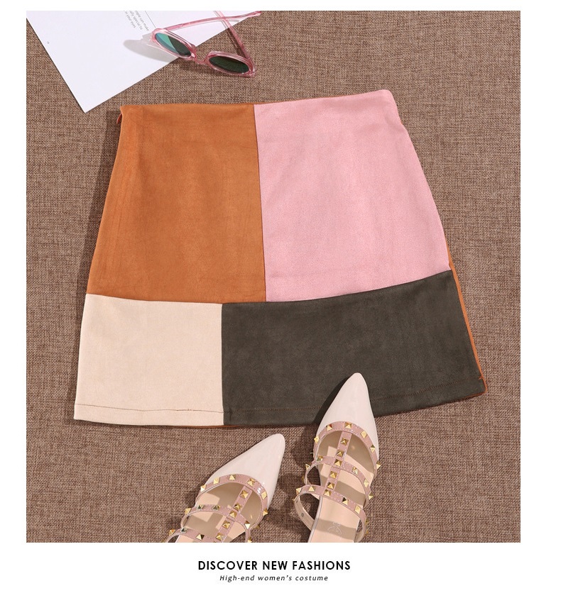 Fashion Brown Misplaced Patchwork Patch Hip Skirt,Skirts